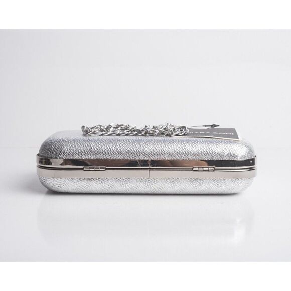 Chiara Boni Women Sliver Sparkle 40 Bianco Chain Leather Gloria Clutch Purse Box - Picture 5 of 8